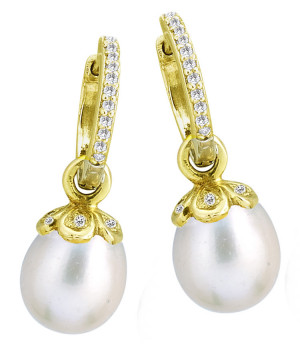 White Pearl Drop Earring Charm with .075pt Diamonds