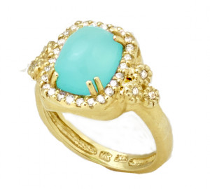 Matte Textured Blue Green Chalcedony Cabochon Ring with .32pts Diamonds