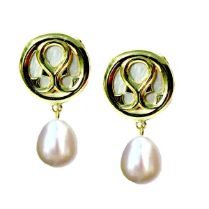 14kt Small Loggia Button Pearl Drop Earring with White Mother of Pearl
