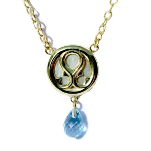 14kt Small Loggia Necklace with White Mother of Pearl Background and  Briolette cut Blue Topaz Drop