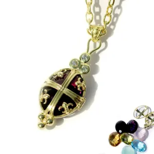 Hinged Chateau Locket with Fleur di lis Motif and Interchangable Stone Options on 18" 14kt Textured Cable Chain