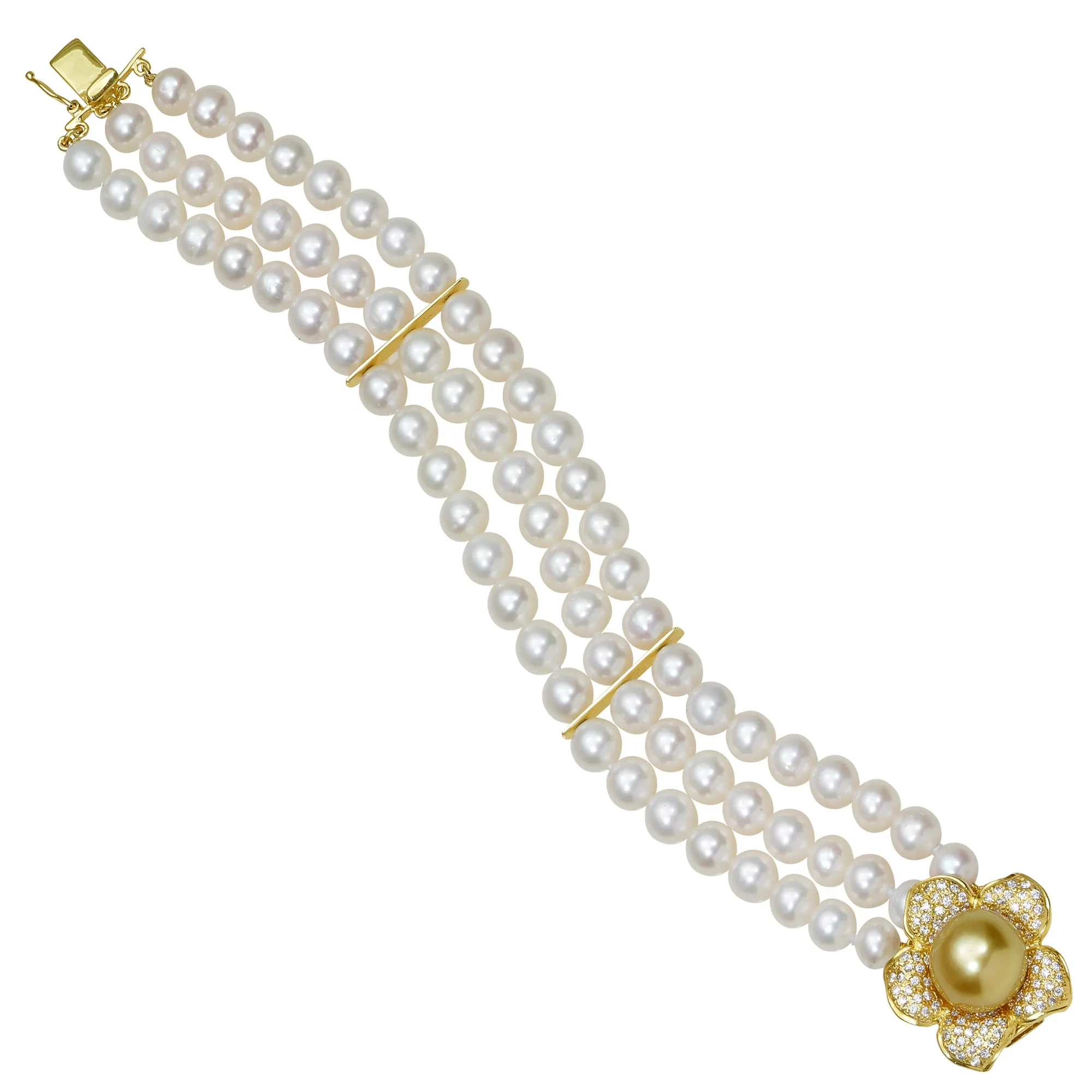 Three Strand Pearl Flower Braelet with Golden South Sea Pearl and 1.17ct Diamonds