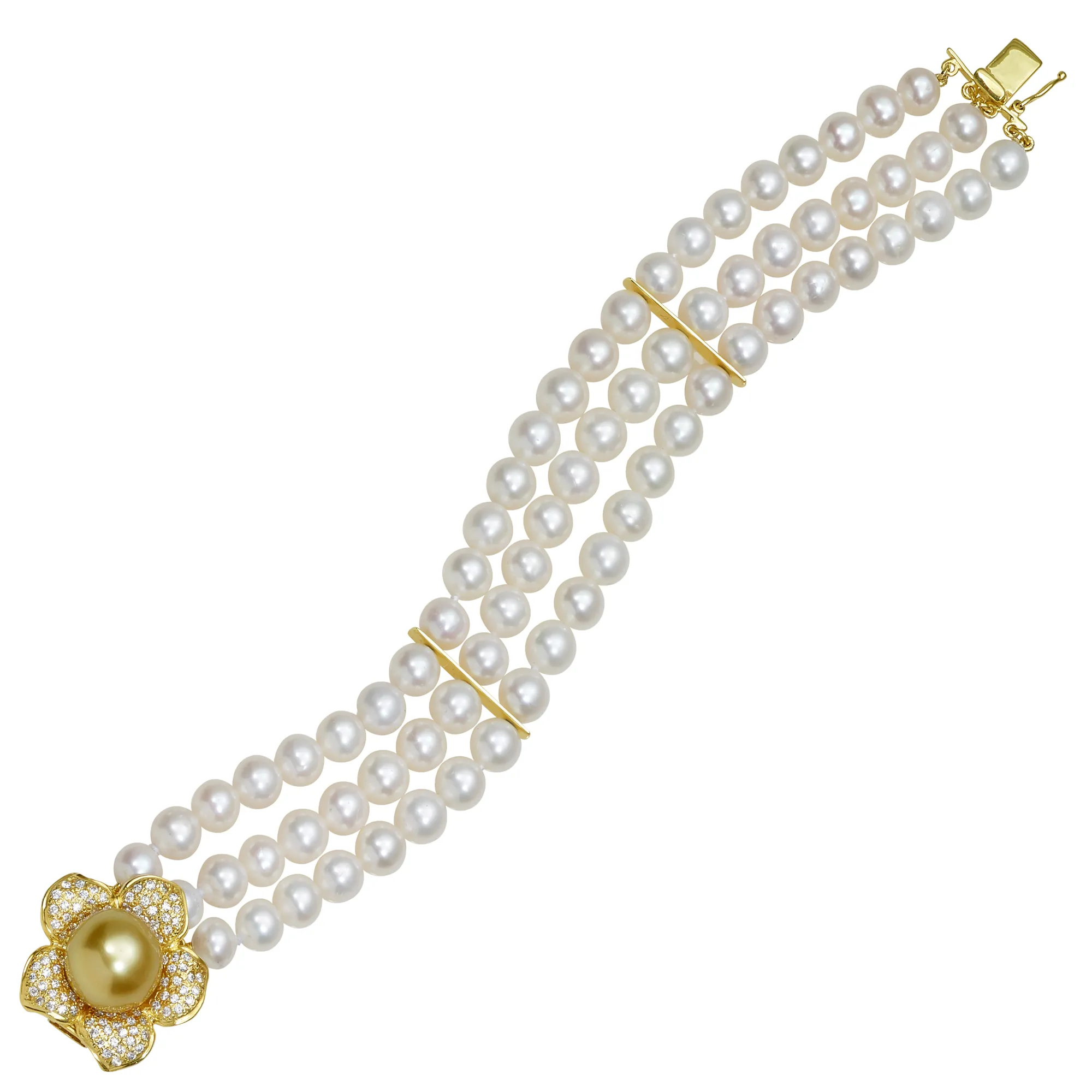 Three Strand Pearl Flower Braelet with Golden South Sea Pearl and 1.17ct Diamonds - Image 2