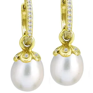 White Pearl Drop Earring Charm with .075pt Diamonds