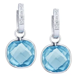 White Gold Blue Topaz Cushion Shape Earring Charm
