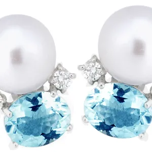 Aquamarine and Pearl Earrings with .40pts Diamonds