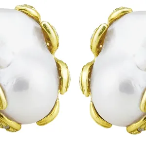 Baroque Pearl Earring with 1.44ct Pave Set Diamond Leaves