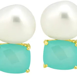 Checkerboard Blue Green Chalcedony Earrings with Off-Shape Pearl