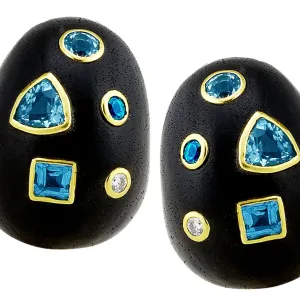 Ebony Wood Earrings with Swiss Blue Topaz and .10pts Diamonds