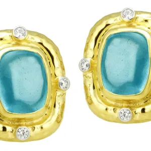 Hammered Aquamarine Buff Cut Cabochon Earrings with .32pts Diamonds