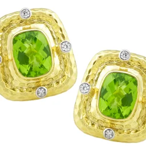 Hammered Peridot Earrings with .32pts Diamonds