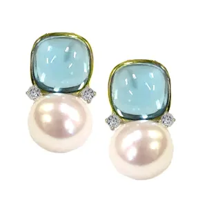 Blue Topaz Cabochon Earring with Pearl and Diamonds