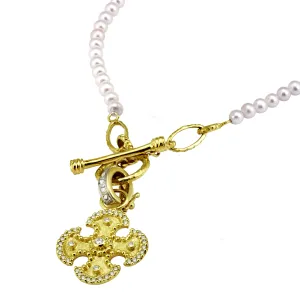 Maltese Cross Pendant with .46pts Diamonds and Pearl Toggle Necklace with Gold Links