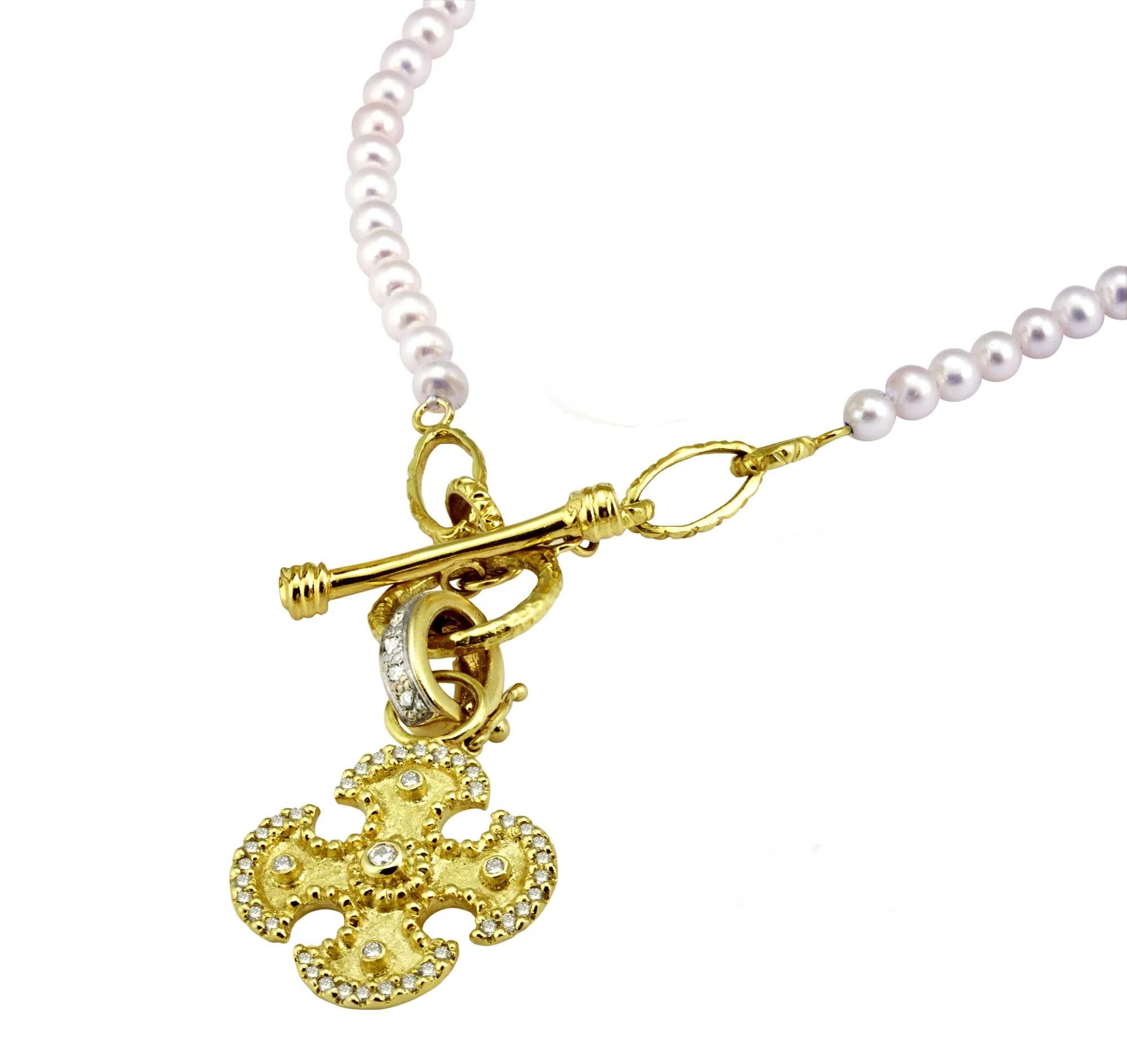 Maltese Cross Pendant with .46pts Diamonds and Pearl Toggle Necklace with Gold Links