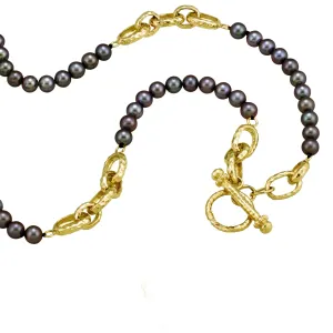 Black Pearl Toggle Necklace with Hammered Gold Links
