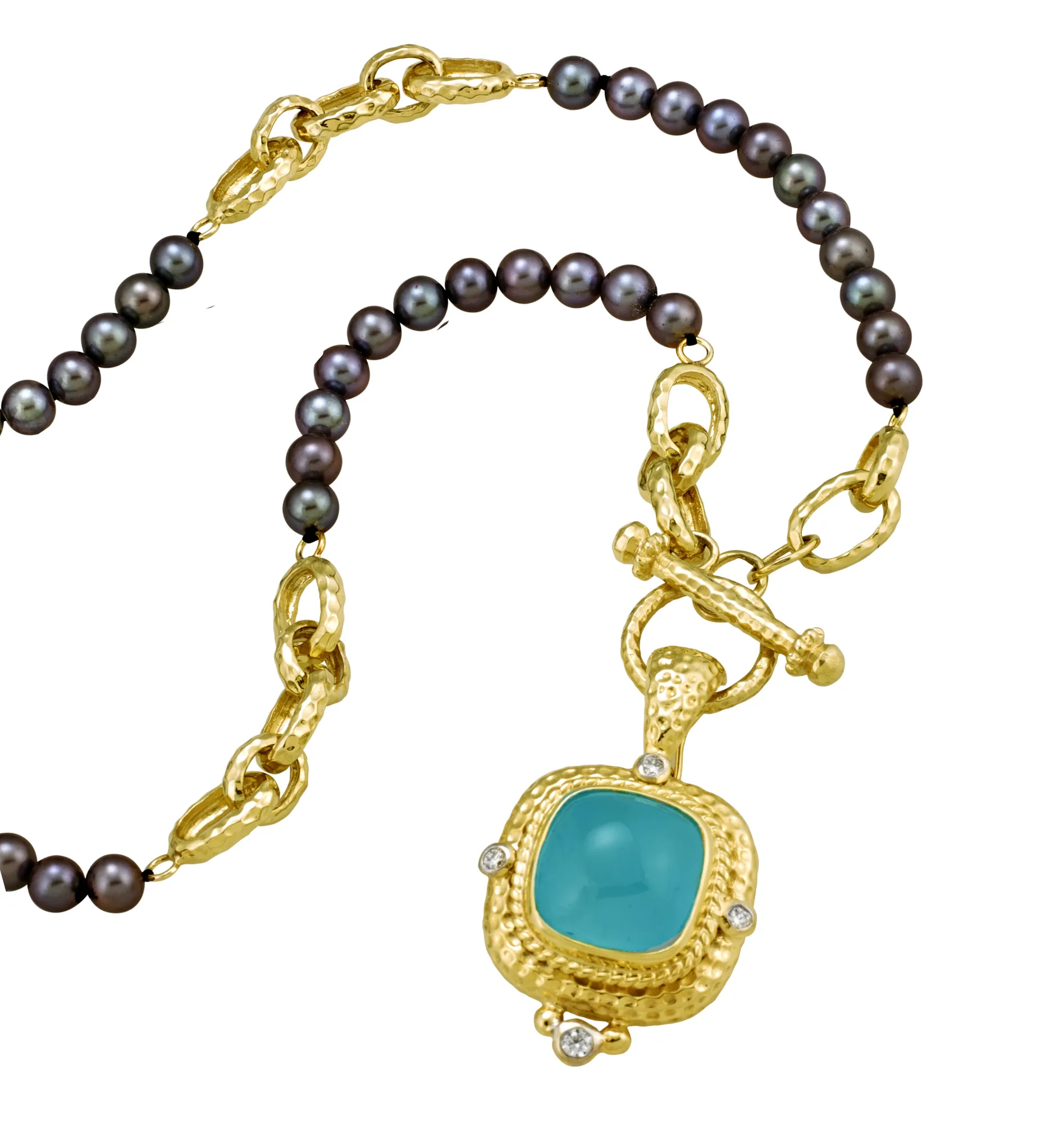 Black Pearl Toggle Necklace with Aquamarine Cabochon Pendant and .25pts Diamonds - Image 2