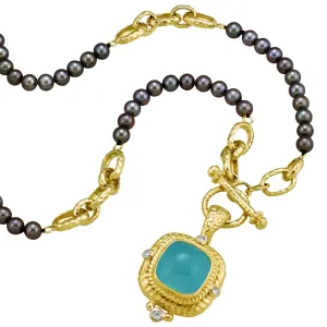 Black Pearl Toggle Necklace with Aquamarine Cabochon Pendant and .25pts Diamonds