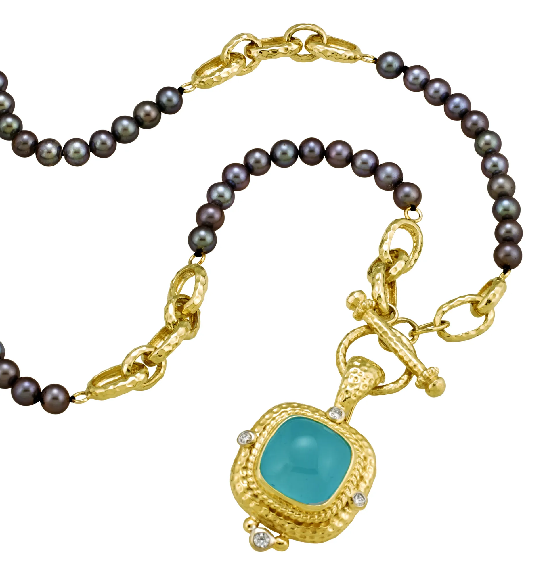 Black Pearl Toggle Necklace with Aquamarine Cabochon Pendant and .25pts Diamonds