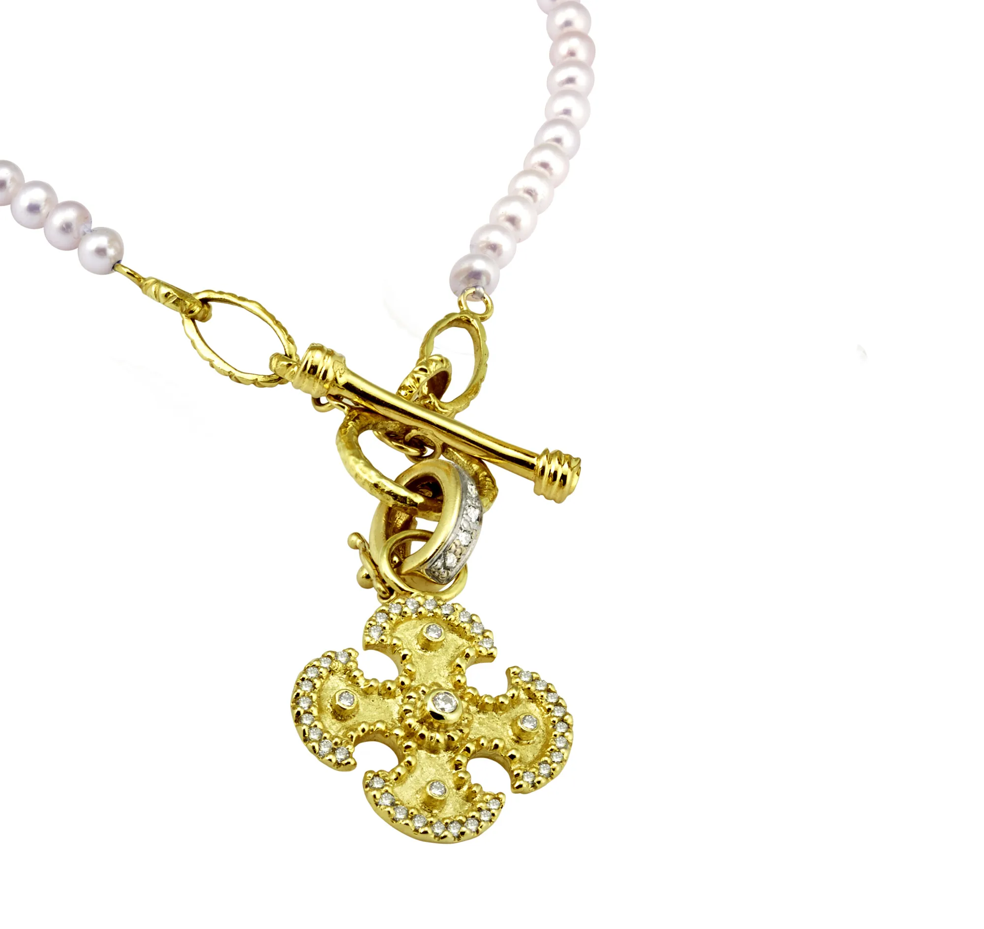 Maltese Cross Pendant with .46pts Diamonds and Pearl Toggle Necklace with Gold Links - Image 2