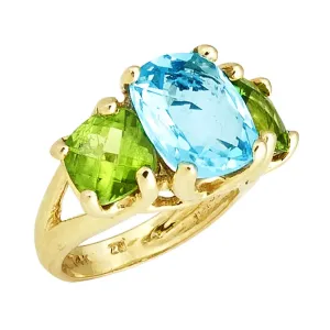 Three Stone Ring with Cushion Checkerboard Blue Topaz Center and Peridot Sides