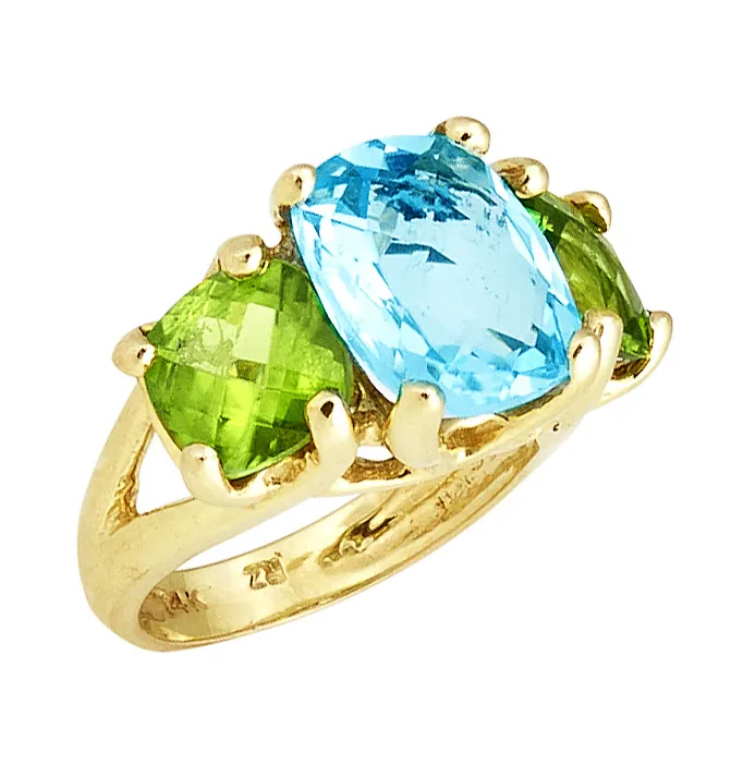 Three Stone Ring with Cushion Checkerboard Blue Topaz Center and Peridot Sides