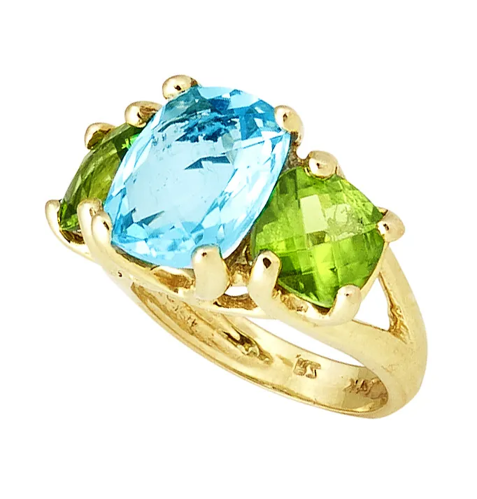 Three Stone Ring with Cushion Checkerboard Blue Topaz Center and Peridot Sides - Image 3