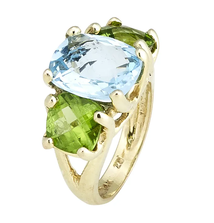 Three Stone Ring with Cushion Checkerboard Blue Topaz Center and Peridot Sides - Image 2
