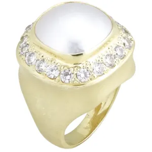 Bezel Set Cushion Mabe Pearl Ring with 1.40ct Halo of Pave Diamonds