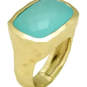 Checkerboard Faceted Blue Green Chalcedony Ring with Hammered Textured Shank