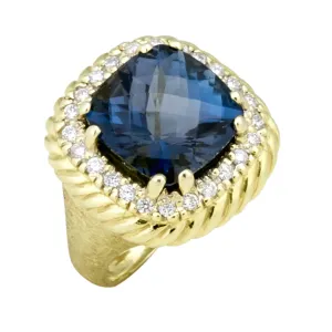 Florentine Textured Checkerboard London Blue Topaz Ring with .36pts Diamonds