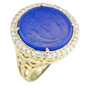 Frosted Blue Chalcedony Carved Medusa Ring Encircled by .56pt Diamond Halo