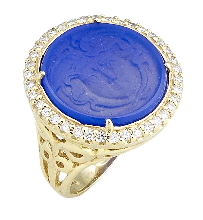 Frosted Blue Chalcedony Carved Medusa Ring Encircled by .56pt Diamond Halo
