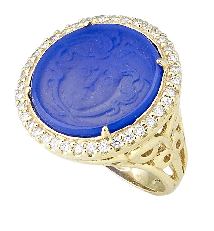 Frosted Blue Chalcedony Carved Medusa Ring Encircled by .56pt Diamond Halo - Image 2