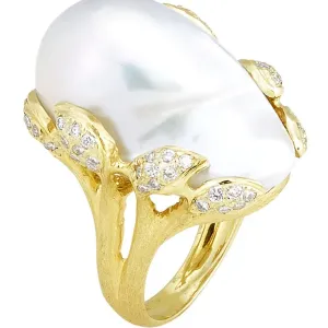 Large Baroque Pearl Ring with .67pts Diamonds and Florentine Texture