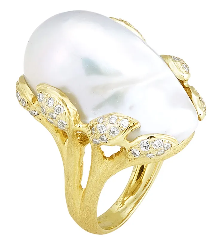 Large Baroque Pearl Ring with .67pts Diamonds and Florentine Texture