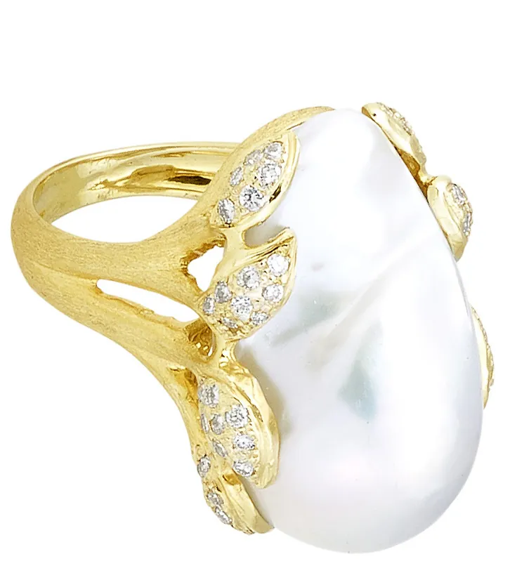 Large Baroque Pearl Ring with .67pts Diamonds and Florentine Texture - Image 2