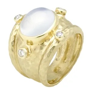 Hammered Matte Texture Rainbow Moonstone Cabochon Ring with .24cts Diamonds
