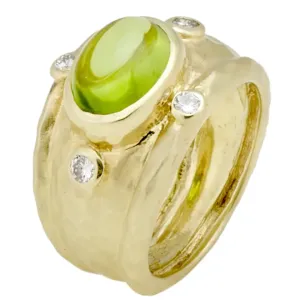 Peridot Cabochon Ring with Hammered Texture and .24cts Diamonds