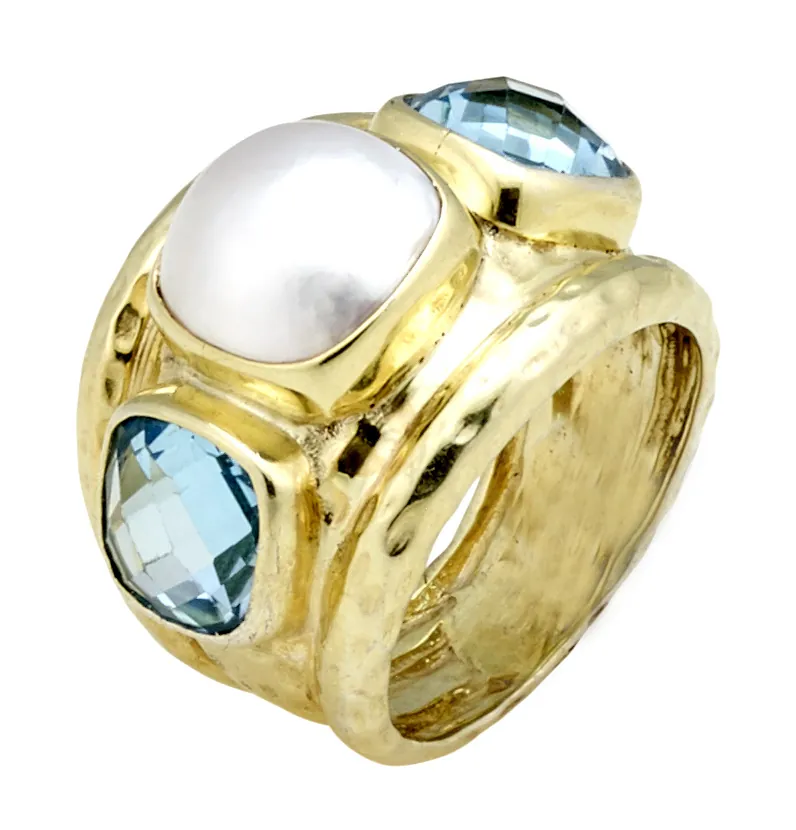 Hammered Ring with Checkerboard Light Swiss Blue Topaz Sides and Mabe Pearl Center