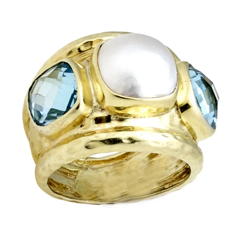 Hammered Ring with Checkerboard Light Swiss Blue Topaz Sides and Mabe Pearl Center - Image 2