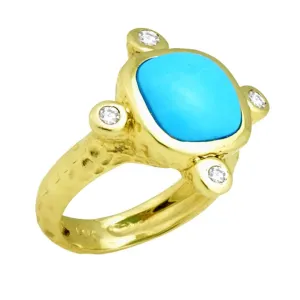 Hammered Ring With Sleeping Beauty Turquoise and .16cts Diamonds