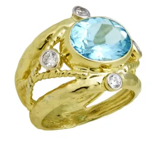 Light Swiss Blue Topaz Ring with Hammered Texture, Twisted Rope and .34cts Diamonds
