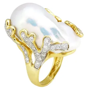 Baroque Pearl Ring with Pave Set Coral Branch Inspired Arms