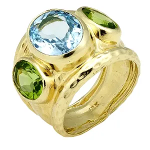 Hammered Three Stone Ring with Peridot Sides and Light Swiss Blue Topaz Center