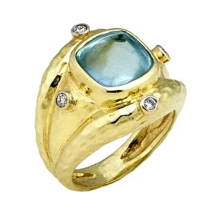 Aquamarine Buff Top Cabochon Ring with Hammered Texture and .16cts Diamonds