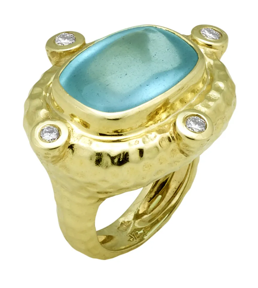 Large Hammered Texture Ring with Buff Top Cushion Shape Aquamarine and .40pts of Diamonds - Image 2