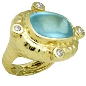 Large Hammered Texture Ring with Buff Top Cushion Shape Aquamarine and .40pts of Diamonds