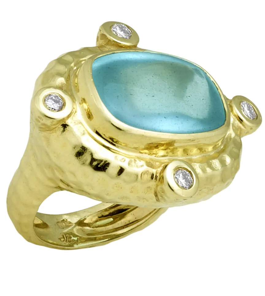 Large Hammered Texture Ring with Buff Top Cushion Shape Aquamarine and .40pts of Diamonds
