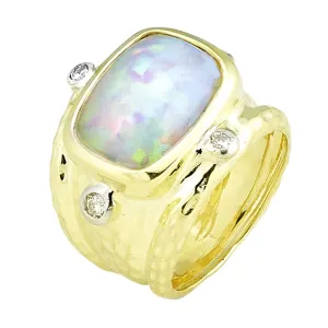 Hammered Ring with 5.13ct Cushion Opal & .24pts Diamonds