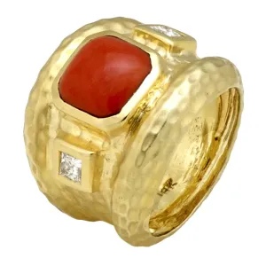 Meditteranean Red Coral Ring with Hammered Texture and .30cts of Princess Cut Diamonds